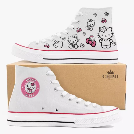Discover Cat Kitty canvas sneakers, classic white high top sneakers.