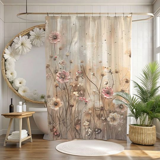 Discover Cottagecore Pink Floral Bath Luxury Shower Curtain, Bohemian Curtain