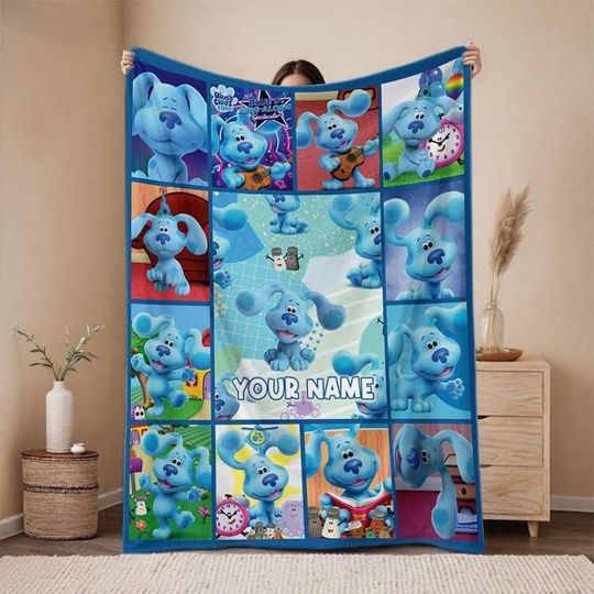 Discover Personalized Watercolor Blue Clues Blanket, Custom Name Fleece Blanket, Kids Birthday, Gift For Dog Lovers