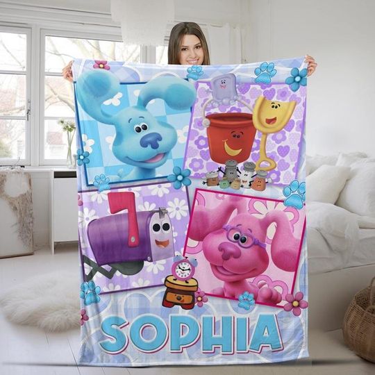 Discover Personalized Watercolor Blue Clues Blanket, Custom Name Blanket, Blue Dog Fleece Blanket, Gift For Kids