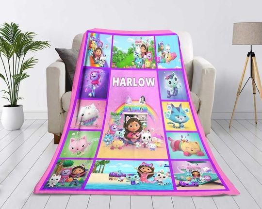 Discover Kids Personalized Gabbys Dollhouse Blanket, Custom Name Baby Fleece Blanket, Birthday Gifts For Kids