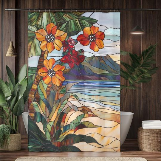 Discover Ocean Waves Shower Curtain Tropical Stained Glass Shower Curtains