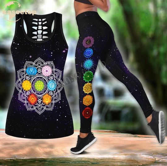 Discover Kaseetop Twilight Chakra Galaxy Yoga Two Piece Yoga Set Women 3D Print Vest Hollow Out Hollow Tank