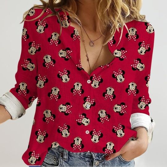Discover Minniee Head Linen Shirt, Minniee Mouse Blouses Women Shirt, Disneyyland Casual Shirt