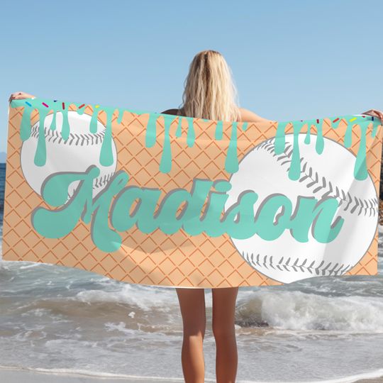Discover Softball Personalized Ice Cream Drip Beach Towel, Team Gift, Softball Drip