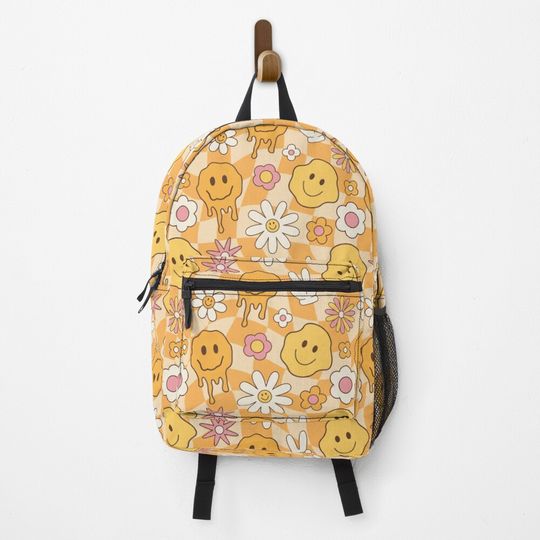 Discover Melted smiley faces and flowers, groovy seamless pattern. Backpack