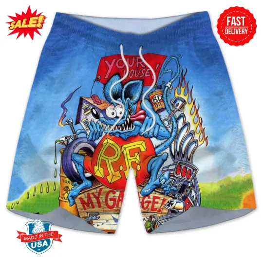 Discover RatFink Beach Shorts - Classic Ed Roth Cartoon, Greaser Culture & Speed Theme