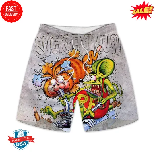 Discover RatFink Beach Shorts - Retro Style, Wild Monster Art, Flames and Fast Wheels