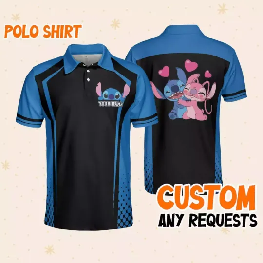 Discover Personalized Angel & Stitchh Cartoon Couple Lovers Short Sleeve Men's Polo Shirt