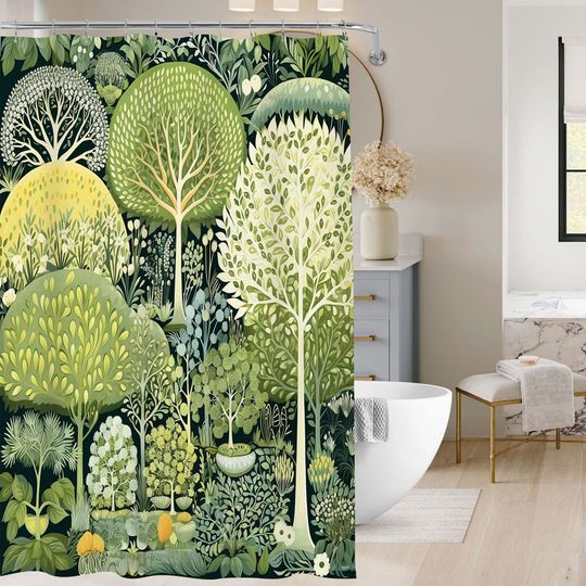 Discover Watercolor Botanical Shower Curtain, Eucalyptus Green and White Floral Bathroom Set