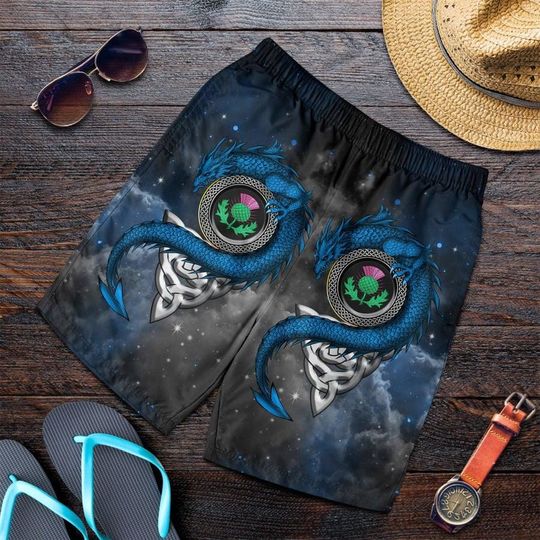 Discover 3D Dragon & Thistle With Celtic Printed Shorts, Men's Beach Shorts, Men's Elastic Waist Shorts