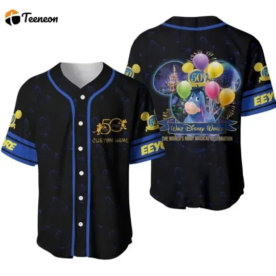 Discover Eeyoree Donkey Blue Disneyyy 50th Anniversary Pattern Unisex Baseball Jersey