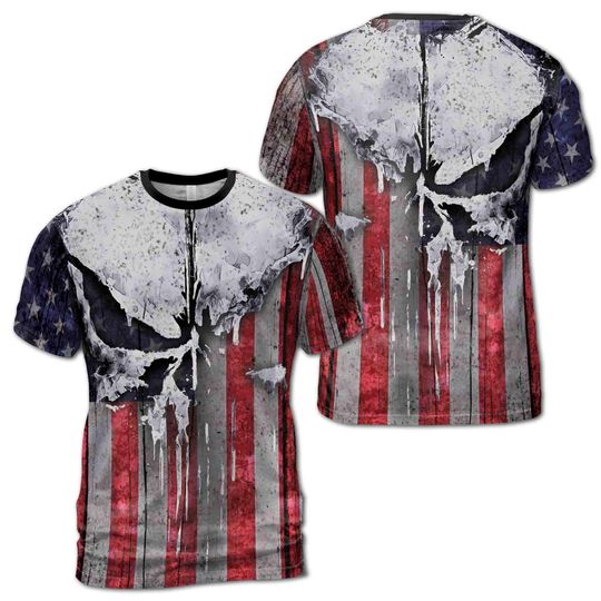 Discover Retro Patriotic American Flag USA In Dark Grunge Skull 3D T-Shirt