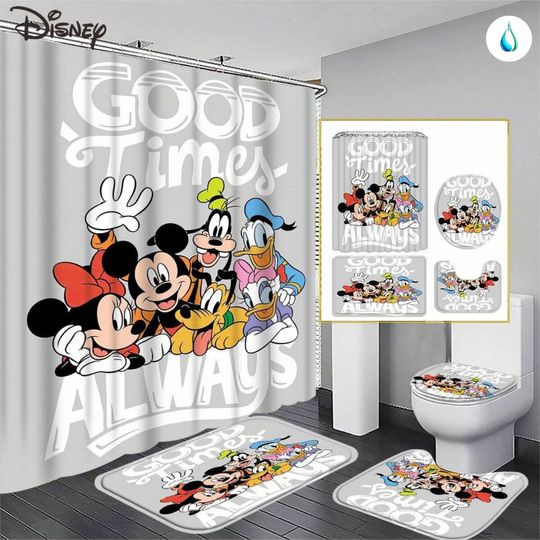 Discover Disneyyy 4pcs Minniee Mouse Shower Curtain Set, Waterproof Polyester, Bath Mat, Toilet Lid Cover