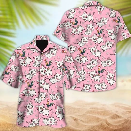 Discover Pua And Heihei moanaa Characters Tropical Floral Pink Themed Hawaiian Shirt