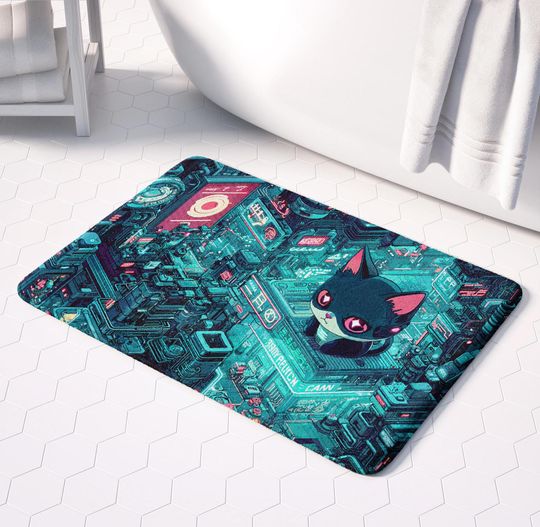 Discover Cyberpunk Bath Rug, Cool Futuristic Cat Design, Unique Vaporwave Bath Mat, Perfect Gift
