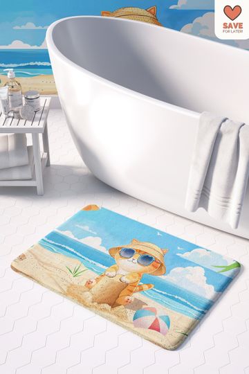 Discover Cute Bath Mat with Cat and Beach  Perfect for Kitty Bathroom & Ocean Theme, Whimsical Cartoon Cat Summer Decor