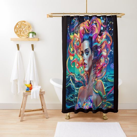 Discover  "Futuristic Siren Harmony: Katy Perry's Neon Serenade" Shower Curtain