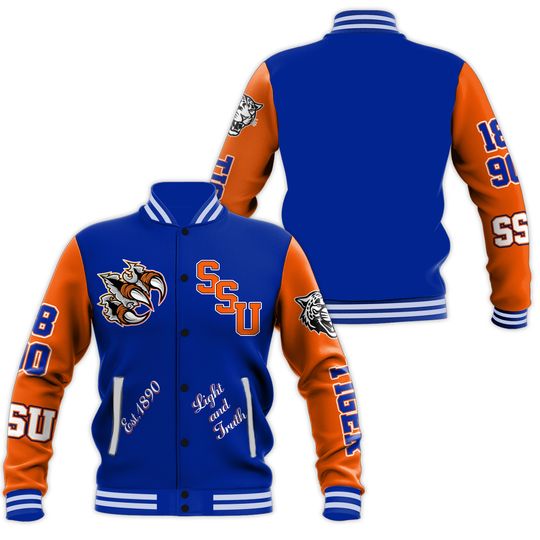 Discover Tiger SSU University Varsity Jacket, HBCU Est. 1890 Orange Blue Georgia Baseball Jacket