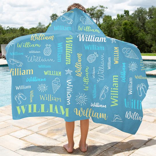 Discover Colorful Lettering - Personalized Custom Hooded Beach Towel for Kids - Perfect Gift for Family Members