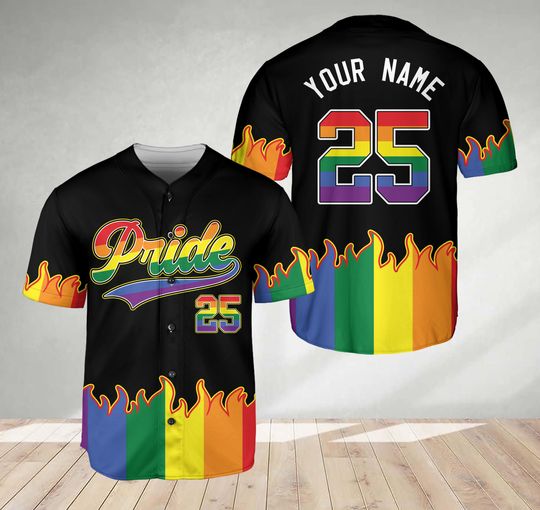 Discover Personalized Name Number Pride Baseball Jersey, Custom LGBT Rainbow Flame Pride Month
