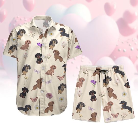 Discover Dachshund Dog Button Shirt Shorts, Doxie Hawaii Short,