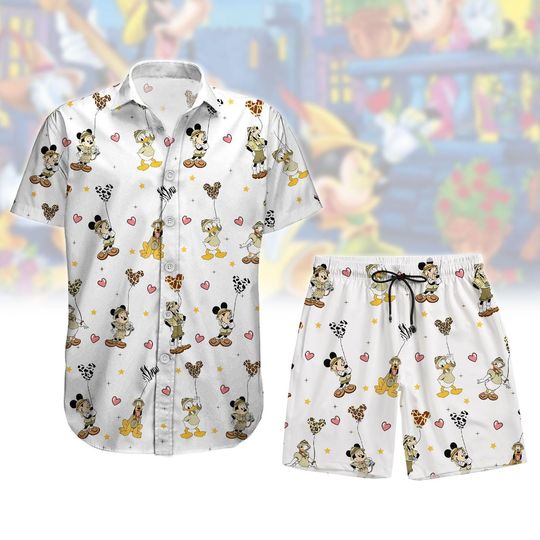 Discover Mickeyy And Friends Button Shirt Shorts, Leopard Balloon Hawaii Short