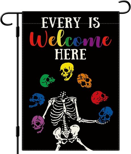 Discover Everyone is Welcome Here Skeleton Garden Flag Double Side Vertical Burlap Farmhouse
