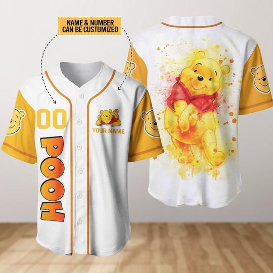 Discover Custom Pooh winniee the poohh Watercolor Baseball Jersey, Personalized Disneyyy Shirt, Family Vacation Cartoon Sport Tee, Mickeyy Fan Gift