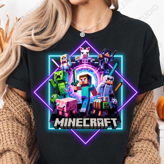 Discover Minecraft Movie Shirt, Movie Main Characters Group Shot Cartoon Style Shirt