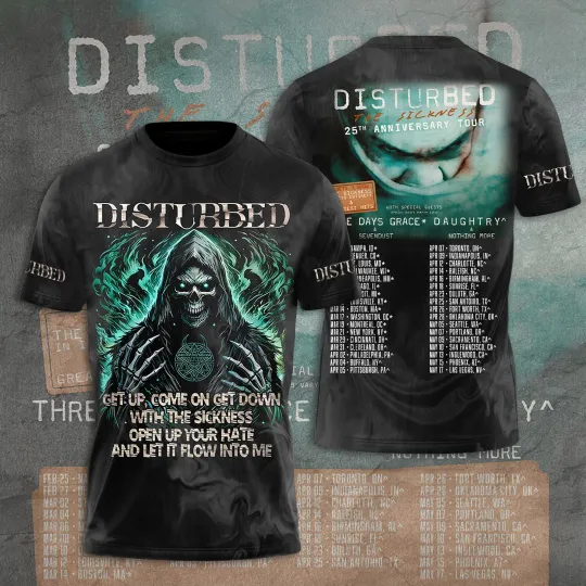 Discover Disturbed The Sickness 25th Anniversary Tour 2025 3D T-Shirt