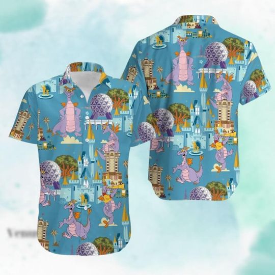 Discover Disneyyland Purple Dragon Button Shirt, Disneyyy Figment Hawaiians