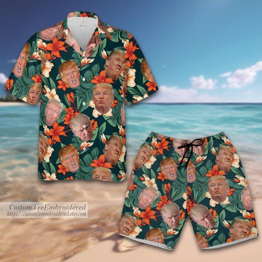 Discover Trump 2024 MAGA Hibiscus Flowers Hawaiian Shirt, Donald Trump Summer Button Up Shirt Hawaiian Shirt For Men, Vacation Shirt