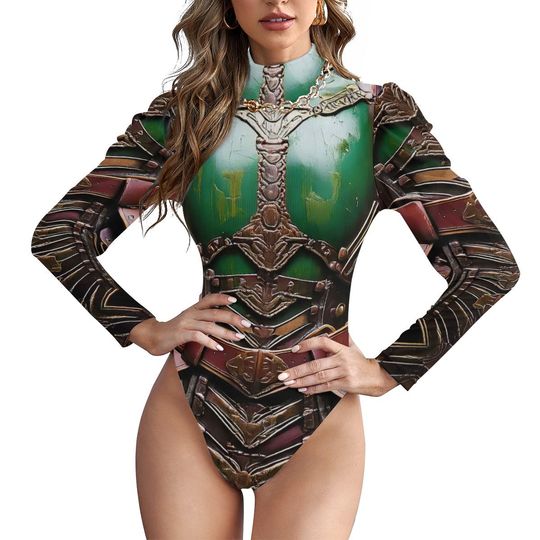 Discover Green Armor Bodysuit, Gladiator Leotard, Turtleneck Puff Sleeve