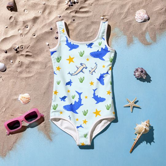 Discover Shark Girls One Piece Swimsuit - Sea Turtle, Stars, Ocean Sea Creature Toddler Bathing Suit