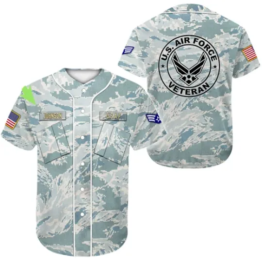 Discover Personalized Rank USAF Veteran Camo Baseball Tee Jersey Shirt