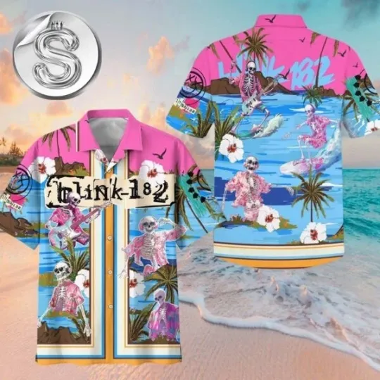 Discover Blink182 Band Music Skull In Beach Rock And Roll Band 2025 Summer Hawaiian Shirt
