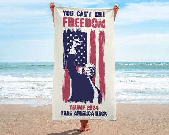 Discover Trump Shot Towel, Donald Trump Fist Pump Beach Towel