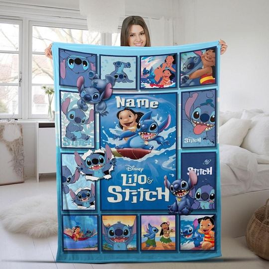 Discover Personalized Lilo & Stitchh Blanket, Custom Name Cartoon Blanket, Gift For Birthday Kid