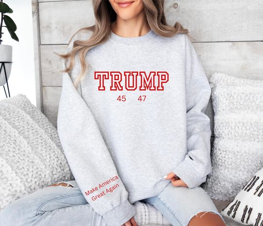 Discover Trump 45 47 Embroidered Varsity Crewneck Sweatshirt Embroidered President Independence Red White Blue United States America USA Trump Vance