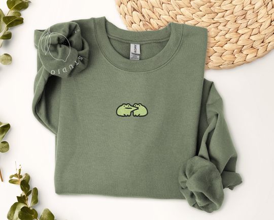 Discover Embroidered Cute Frog Sweatshirt, Embroidered Frog Kisses Sweatshirt, Funny Frog Sweatshirt