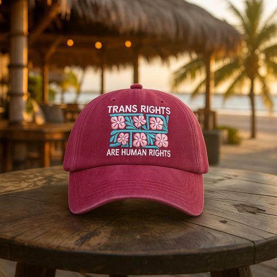 Discover Trans Rights Are Human Rights Embroidered Hat, Boho Floral Pride Cap, Artsy Washed Dad Hat, LGBTQ Gift for Transgender Ally