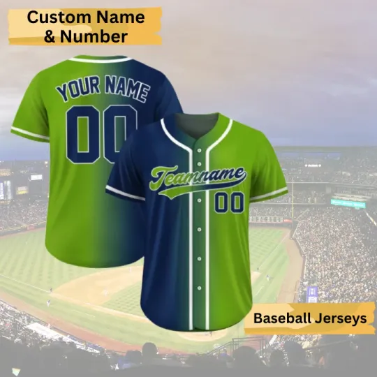 Discover Custom Green Navy Gradient Baseball Jersey, Personalized Team