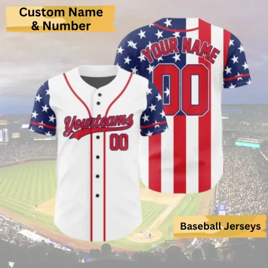 Discover Custom American Flag Baseball Jersey, Personalized Team Name & Number, Patriotic