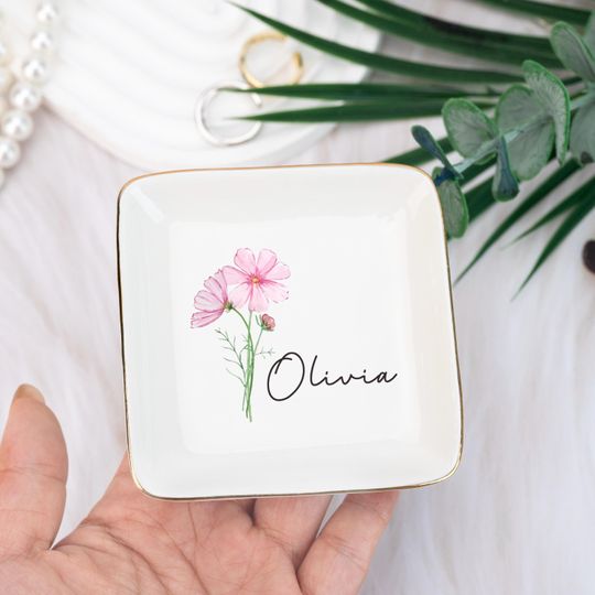 Discover Personalised Birth Flower Trinket Dish,Bridesmaid Ring Dish,Wedding Engagement Gift