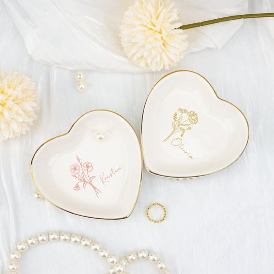 Discover Custom Ring Dish with Birth Flower,Heart Shape Ceramic Jewelry Dish for Best Friend