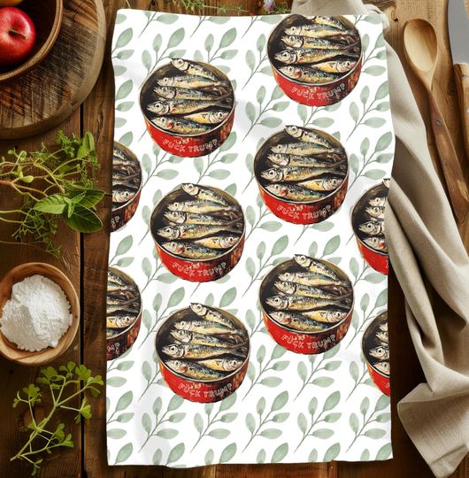Discover Vintage-Style Sardine Tins Fck Trump Hand Towel, Green Leaves Cottage Kitchen Decor