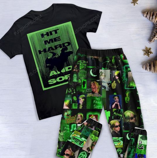 Discover Billie Eilish Pajamas Set, Hit Me Hard and Soft Pajamas Set, Billie Eilish Christmas Pajamas Set.