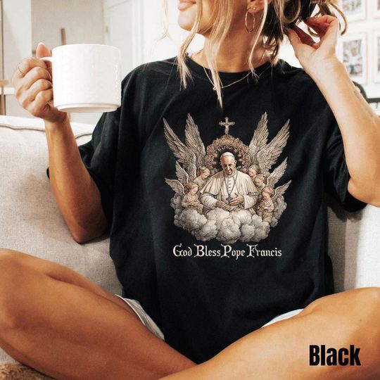 Discover God Bless Pope Francis Shirt, Catholic Angel Graphic Tee, Religious Christian Gift