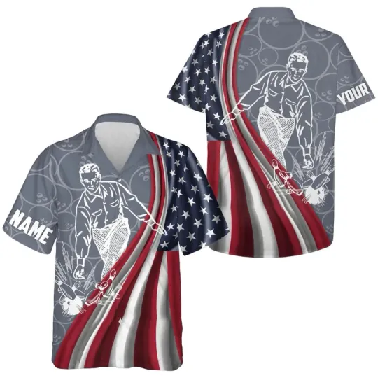 Discover Bowling Patriotic American Hawaiian Shirt Casual Button Down Shirt Unisex